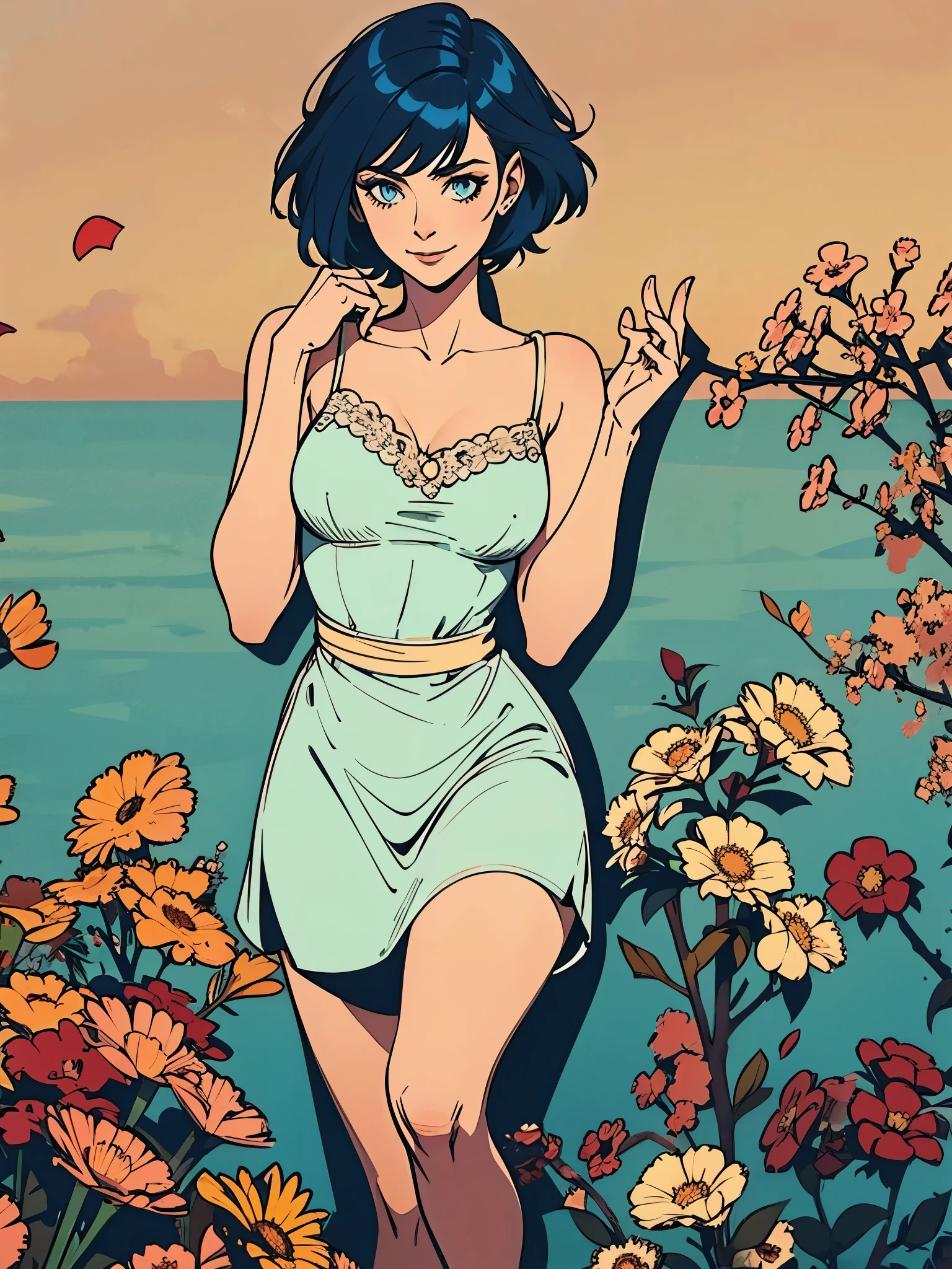 Girl short hair Blue hair Blue eyes Blue matching Smile confidently Correct limbs