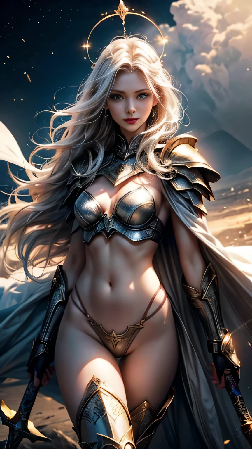 (()) ((magnificent, majestic, beautiful celestial goddess of love a light)) ((floating above ground)) ((pale skin)) ((Big blue eyes)), ((dark eyeshadows make up)) ((bright red lips)), ((pretty smile)) ((long wavy platinum blonde hair, hair floating around)) (()) ((slender body:1.3)) ((wear armor chestplate, tiny thong bottom)) ((white cape)) ((armor shoulder pads, long boots)) ((halo of gold and light above head)) ((hold a sword on her hand)) ((glowing magic sparks particles floating around)) ((battlefield background)), ((high definition:1.5), ((amazing lights and shadows)) ((masterpiece:1.5))((8k:1.5)) ((Best quality:1.4)), more_details:-1, more_details:0, more_details:0.5, more_details:1, more_details:1.5, more prism, vibrant color,