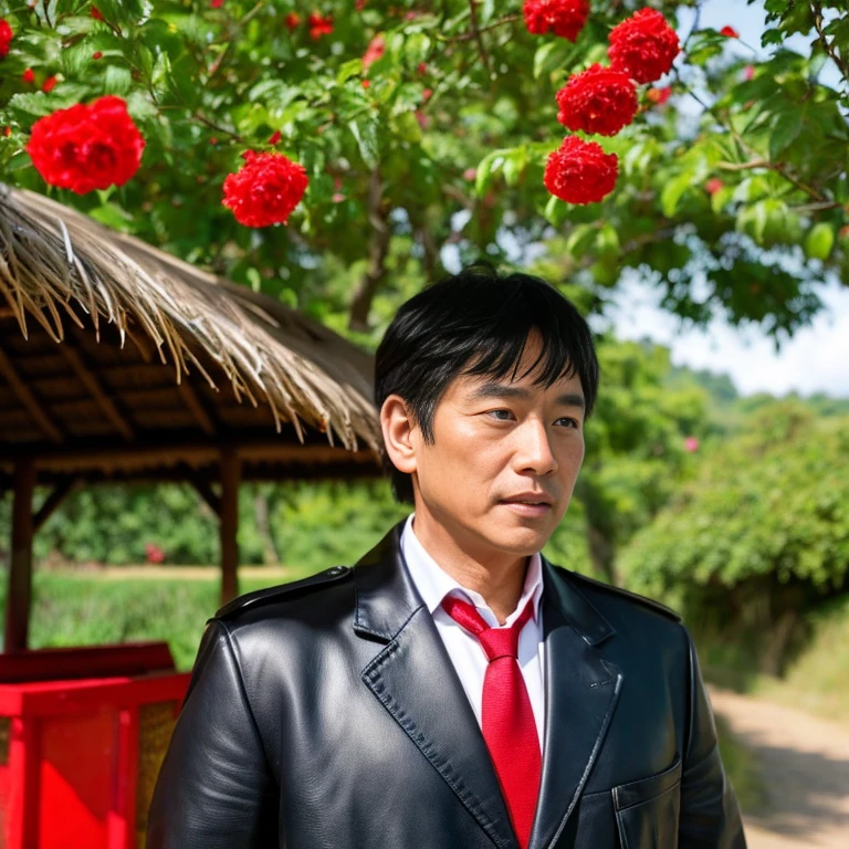 Asian people'His face was clearly concentrated.,) looking straight ahead,Outdoor countryside with beautiful red flowers around an old thatched hut., set of clothes: Shiny black leather jacket and red tie., Shot with a high quality camera with 45000000000 pixels...