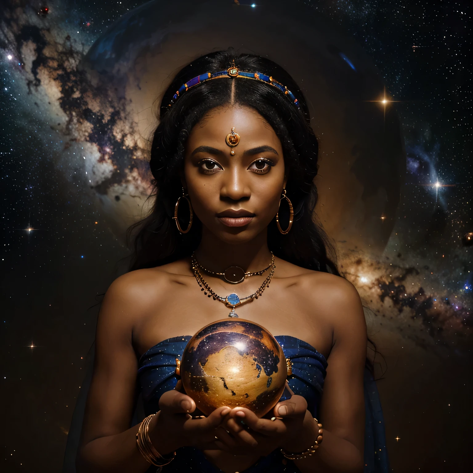 ridiculous resolution, high resolution, (masterpiece:1.4), super detailed, African witch beautiful, space, African spirituality, holding planets in her hands, African goddesseen from above, space, floating, galaxy , --v 6