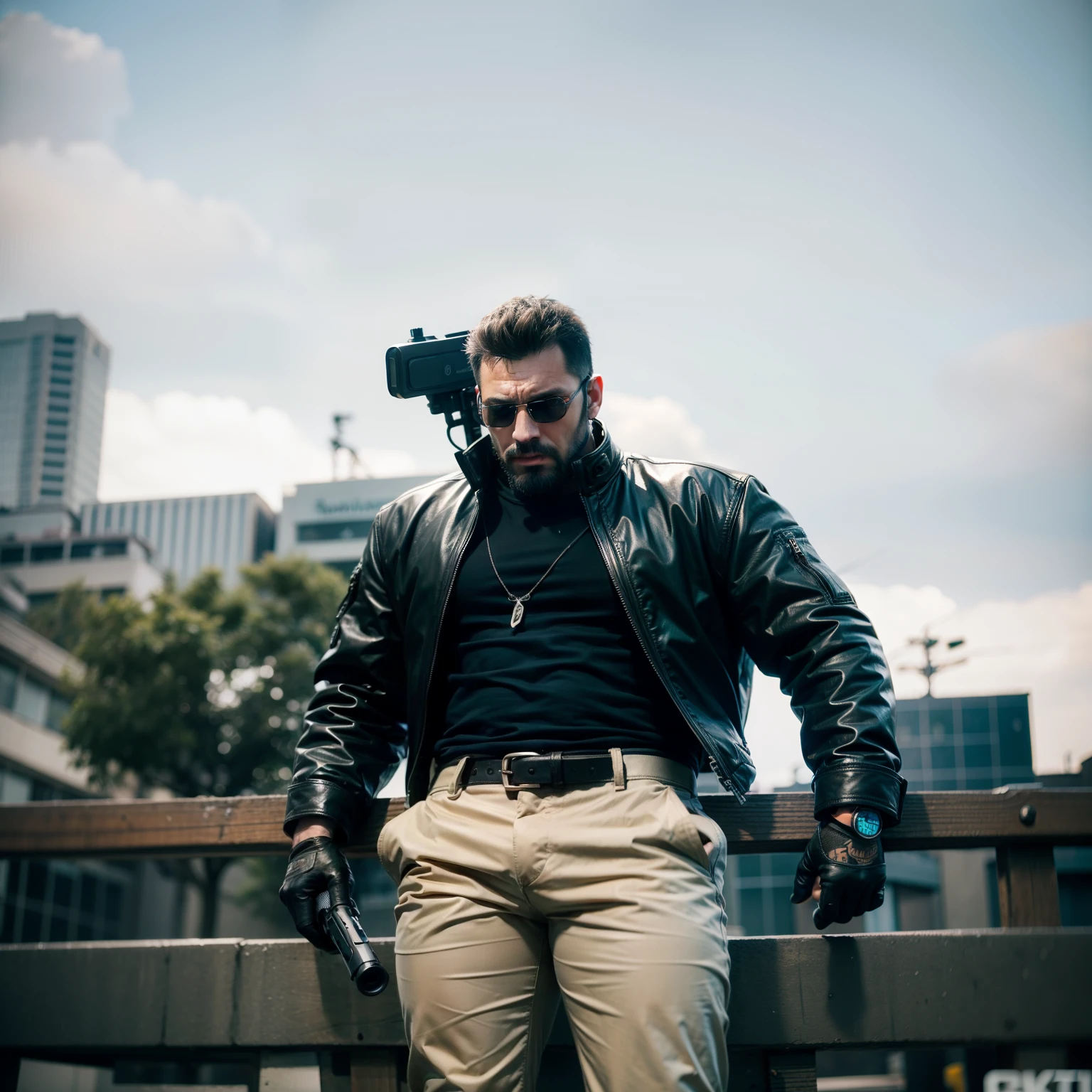 there is a man in a black shirt and tan pants holding a gun, gta character, cyberpunk street goon. Realistic