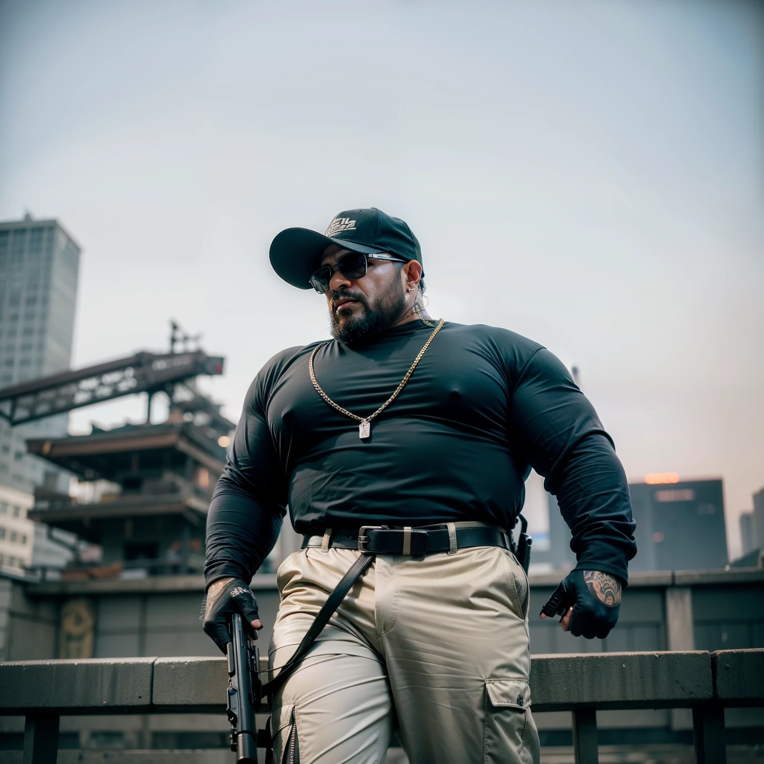 there is a man in a black shirt and tan pants holding a gun, gta character, cyberpunk street goon. Realistic