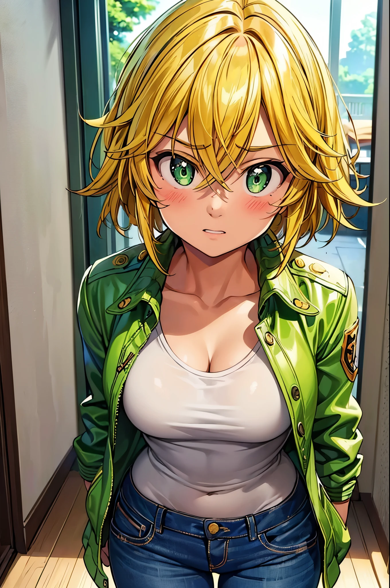 (masterpiece, best quality:1.2), expressive eyes, perfect face, highres, 1girl, solo, (female:1.5), meliodas_nanatsu_no_taizai, blonde hair, medium hair, green eyes, shirt, jacket, pants, blushing, worried face, standing, portrait, looking at the viewer