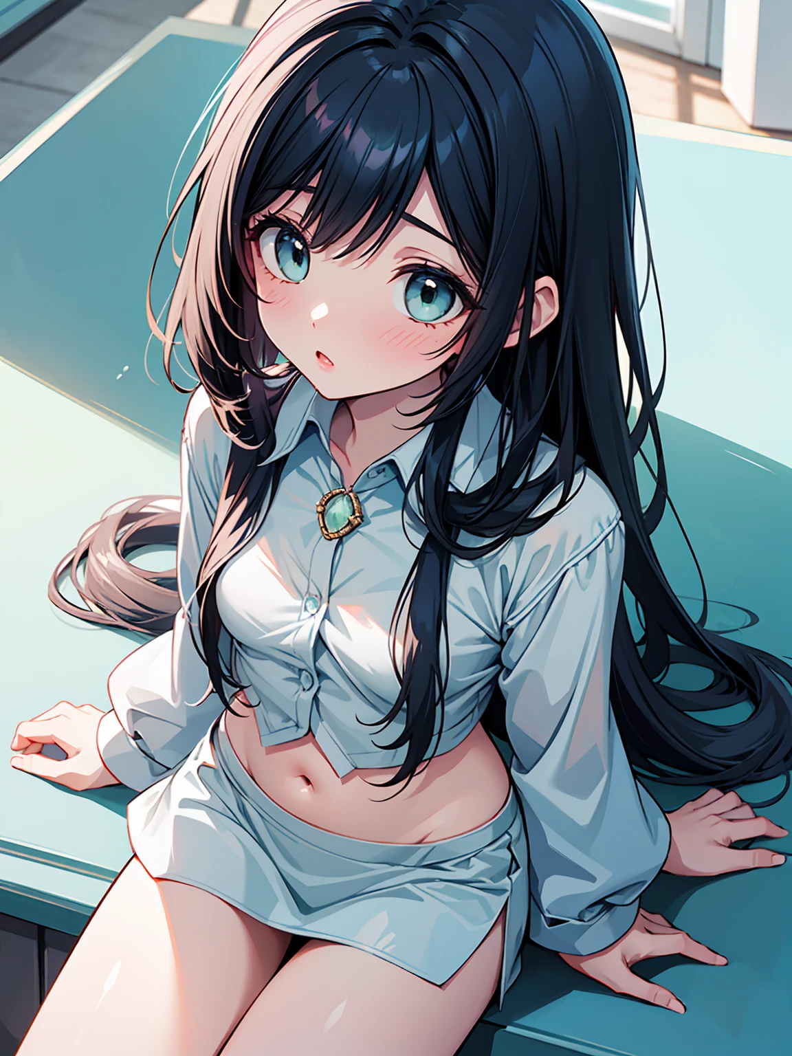 ((masterpiece, best quality, extremely detailed, absurdres)),, masterpiece, best quality, extremely detailed, (((light blue long hair))), long hair cute anime faces,detailed light,parted lips,shiny、beautiful detailed face,,longhair、(((( light blue long hair)))),,10 years old, , 1girl, solo, flat chest, blush, bangs, , super fine illustration, 8k wallpaper, (photo background:1.3), small breasts, 

 (Peta Jensen pov) Facing the camera, Sexy, Seductive, lascivious, excited, Looking Up, Thin face, Green eyes, Lips ajar, slightly open, Long hair straight, Very straight, Drainage near the face, Fell on the chest, Very thin chain around the neck with emerald pendant, Gray dress shirt with open belly, Half torn (Grey shirt) Open, full throttle, Unbuttoned, All buttons are unbuttoned, Button pops, No buttons, wet chest, full of sweat, No bra, No bra,  rounded, Wet and soft, full of sweat, harden, Wet, Wet white panties, Just panties, , Woman sitting with legs open, Well detailed and leaning against the wall, Cracked, Cracked, peeled, low illuminance, Soft light coming in through a small window, Put your arms on the sides of your body、Place your hands on the floor, close-up from above, Seen from above, Piercing and sensual gaze, Burning and lustful pleasure,White panties torn and wet, Transparent,  well contrasted image, Perfect Shadow, Soft light, 4K