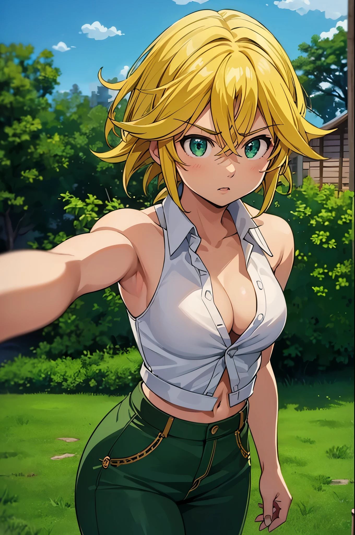 (masterpiece, best quality:1.2), expressive eyes, perfect face, highres, 1girl, solo, (female:1.5), meliodas_nanatsu_no_taizai, blonde hair, green eyes, shirt, jacket, pants, standing, portrait, looking at the viewer