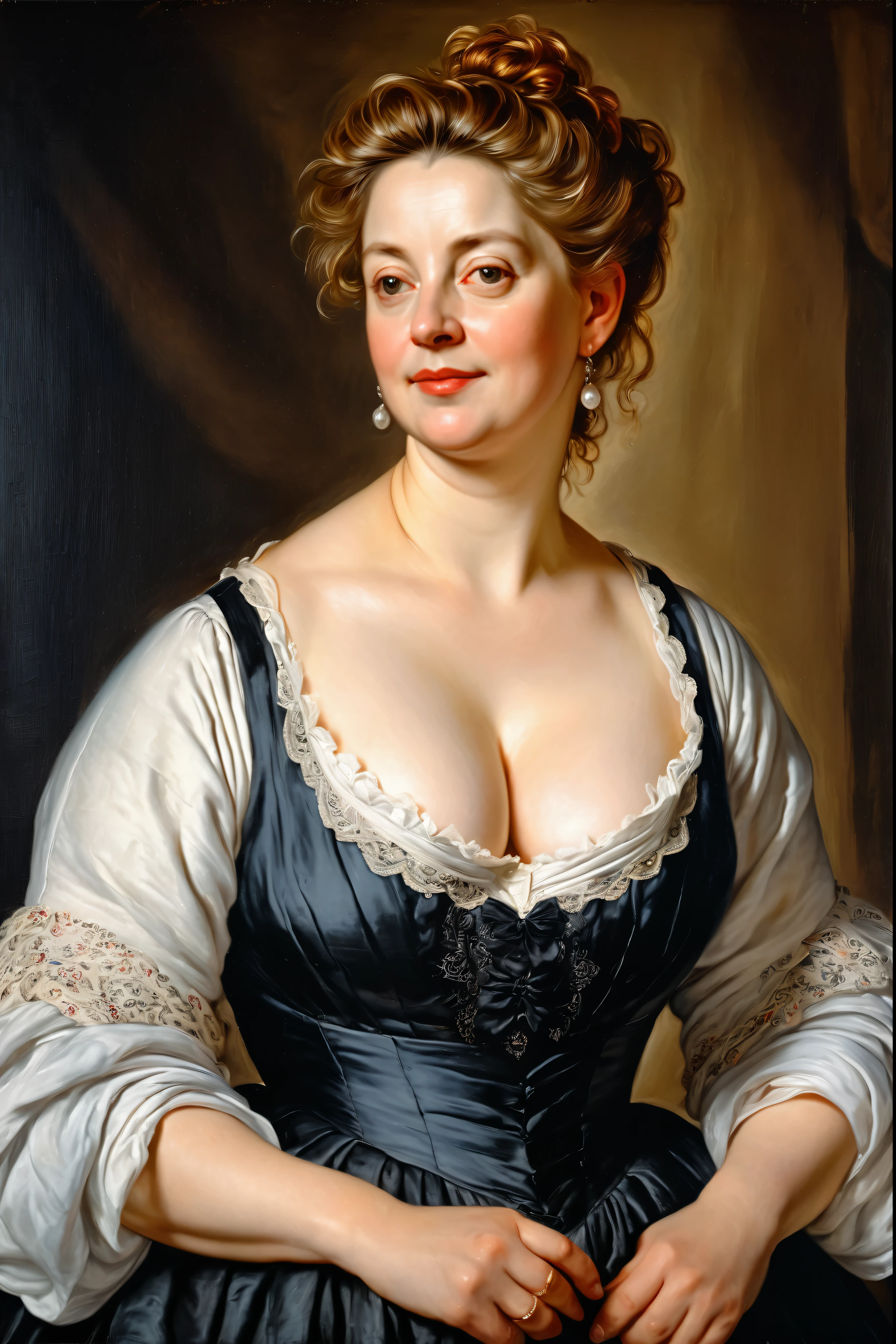 portrait painting of a thick Beautiful middle aged woman, extremely gorgeous, linen clothes, wearing a Victorian Camisole dress or chemise, by Peter Paul Rubens, in Peter Paul Rubens style, by Caravaggio, intricate, flawless, masterpiece, Best quality,