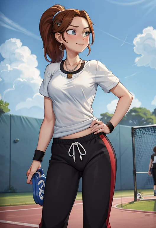 masterpiece, best quality, 1girl, portrait, 37 year old woman, short brown hair, ponytail styled hair, blue eyes, ((Wearing: White Gym T-shirt, Black Gym sweat pants, whistle necklace and black tennis shoes)), smile, standing, hands on hips, looking at viewer, (Background: outdoors, track field, blue sky, clouds in the sky),