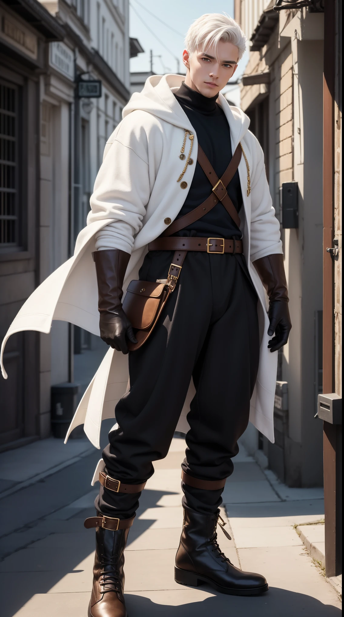 handsome , White hair , very short hair, ((hedgehog hairstyle:1 )) , Blue eyes , Bright skin , ((muscular:1)),masculine ,Age 28 ,
Wear a white sweatshirt , gold trim , brown leather shawl , gray baggy trousers , black and brown belts , black boots , brown gloves , a lot of belts