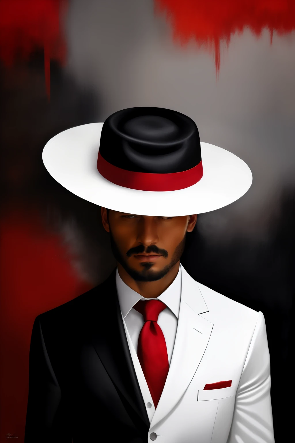 Homem preto. misterioso, White jacket with black shirt, red tie and panama hat with red band, with hat on side covering eyes, cigarro, sem mostrar o rosto. malandro. oil painting style, white panama hat with red drop on the hat