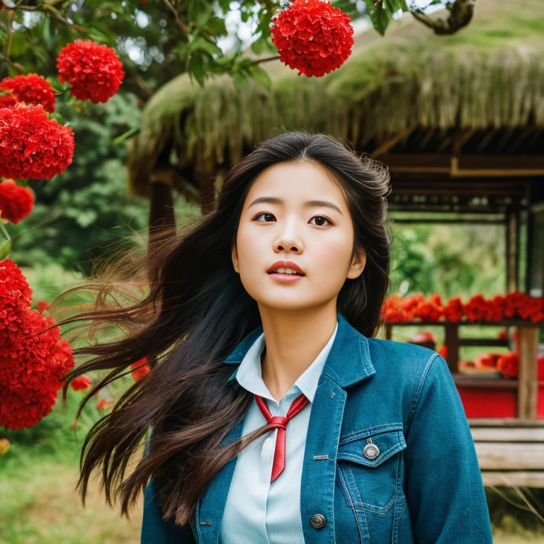 Young Asian woman with long flowing hair blowing up,) Look straight and focus on the face clearly.,) The countryside outdoors has bright red flowers all around and an old thatched hut., He wore a leather jacket and a red tie.,Blue,black,) Exaggerated colors cool action poses,) 8K images, Shot with a high quality camera with 45000000000 pixels.