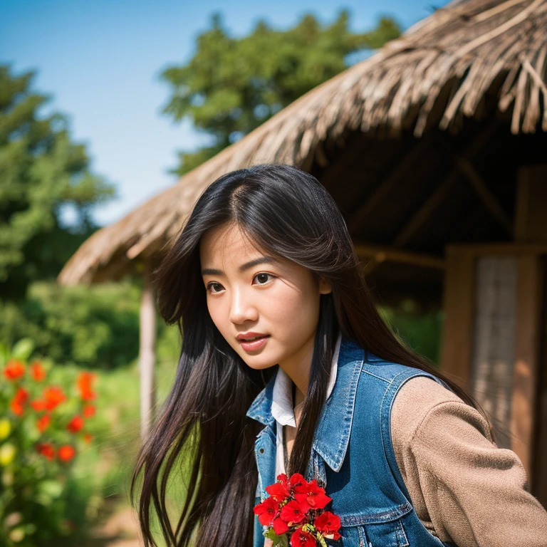 Young Asian woman with long flowing hair blowing up,) Look straight and focus on the face clearly.,) The countryside outdoors has bright red flowers all around and an old thatched hut., He wore a leather jacket and a red tie.,Blue,black,)  Exaggerated colors cool action poses,) 8K images, Shot with a high quality camera with 45000000000 pixels.