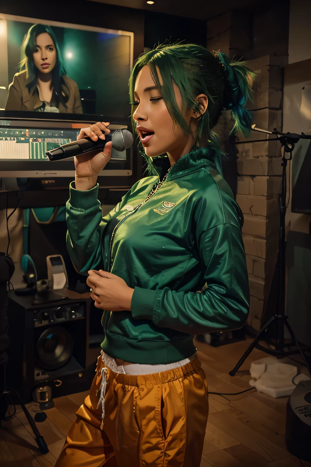 A cinematic-style, hyper-realistic full shot of a beautiful, edgy, green haired female artist in a tracksuit, passionately singing in a recording studio. Vibrant colours. Use a Nikon D850 camera with a 35mm lens to capture the scene. photorealistic detail and clarity. Incorporate elements of the recording studio environment, such as soundproof walls, microphones, and musical instruments, to enhance the authenticity of the setting. Convey the energy and creative spirit of the recording process.