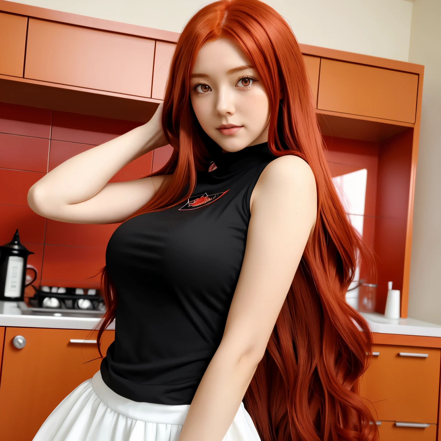 anime girl with red hair and black top posing for a picture, rias gremory, kurisu makise, ilya kuvshinov with long hair, erza scarlet as a real person, with curly red hair, seductive anime girl, red haired goddess, (anime girl), she has red hair, anime girl with long hair, with red hair