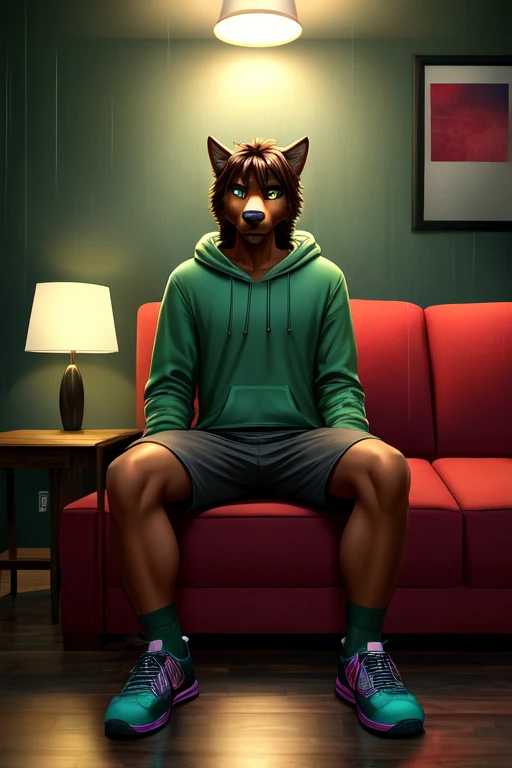 ((best quality)), ((masterpiece)), (detailed), perfect face, Furry, anthropomorphic wolf, Russet brown fur, dark brown hair, dark green eyes, 6'1 and 173 lbs, 41" Chest, 19" Shoulders, 13" Biceps, 32" waist, 23" Thighs, 15" Calves, 19" Back, wearing lime green hoody, gray-green T-shirt, gray-ish green sweat shorts, dark slate gray slip on shoes, sitting on sofa, turquoise sofa, black accent wall, black coffee table, living room, nightime scene, raining outside, looking down, concerned, remorseful, blanket wrapped around themself, dynamic lighting, perfect shading, soft shading, soft colors, vivid colors, pastel colors, Chicago, Illinois 