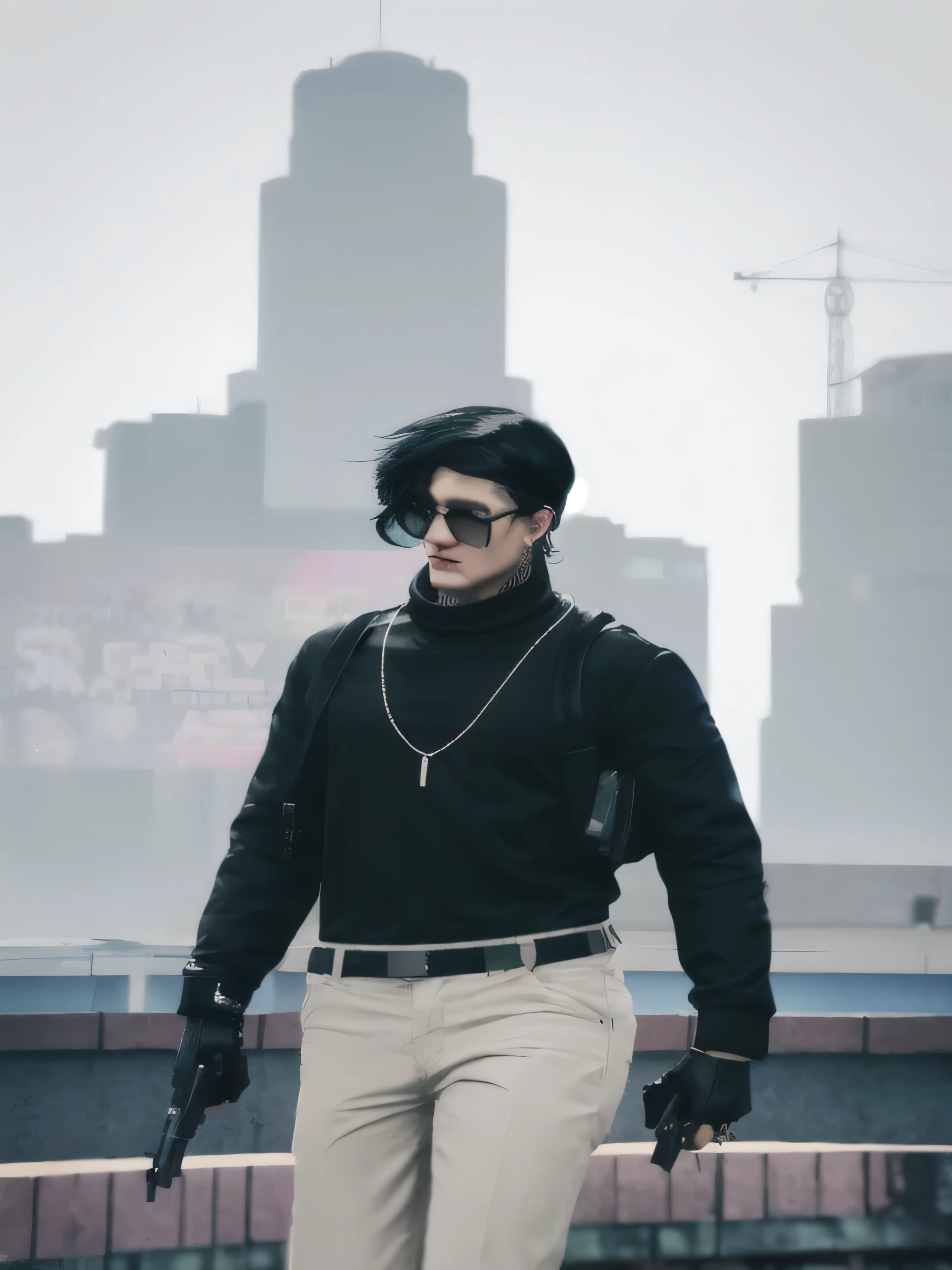 there is a man in a black shirt and sunglasses holding a gun, cyberpunk street goon, gta character, as a character from gtav, outfit: cop, mechanic punk outfit, styled like ghost in the shell, cyberpunk dude, mall goth, new character, gta 6 style, inspired by Jang Seung-eop, cyber punk setting, cinematic outfit photo, cinematic full character. Realistic
