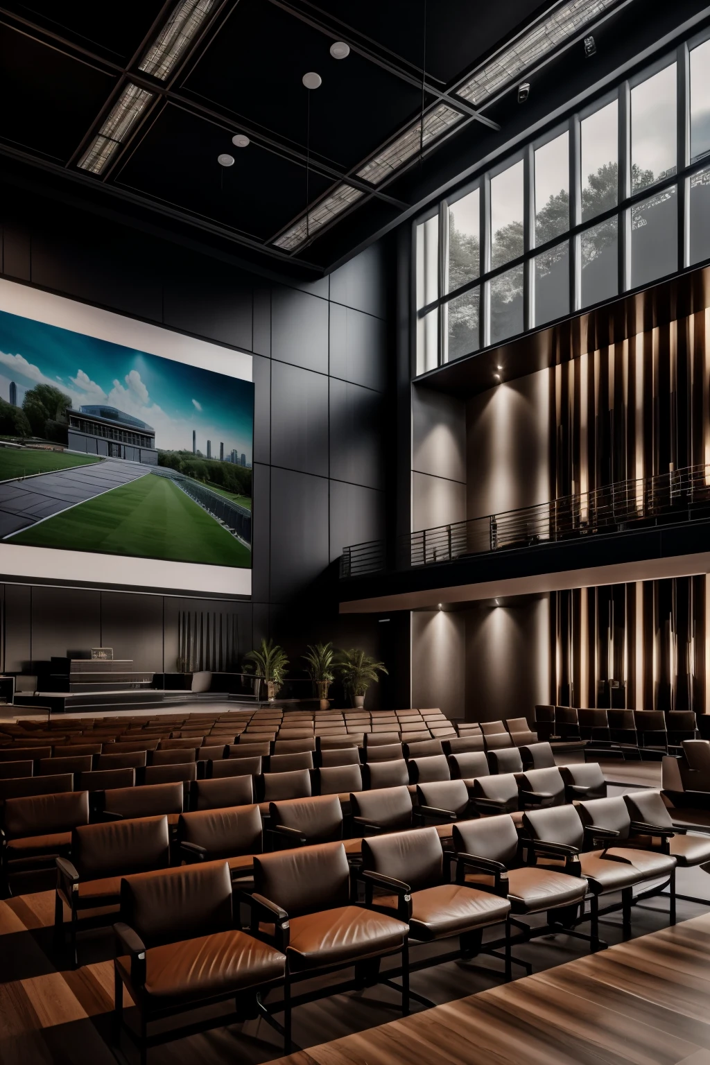 Hyper realistic ray-tracing architectural rendering of a modern school hall interior, featuring a brand new grand piano with 400 meticulously designed seats. A beautiful stage comes to life with a pipe organ and two glass windows on each side, allowing natural sunlight from the East to illuminate the room. The advanced air conditioning system is represented by sleek jet nozzles at the ceiling, providing a refreshing atmosphere for the attendees. A captivating 200-inch LED digital display graces the back of the stage, ready to showcase presentations and visual content in stunning 8K resolution. Students sit attentively on their seats, enjoying the insightful speech given by a guest speaker