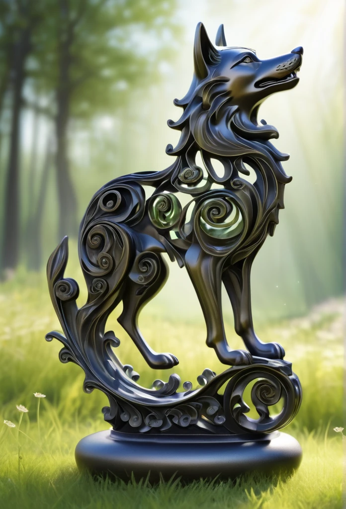 filigree openwork cast iron wolf figure with wavy metal swirl, fully transparent, sunny meadow background,