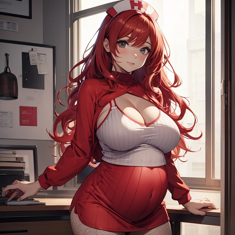 pregnant nurse, fishnet top, bare belly, mini skirt, long wavy bright red hair, narrow waist, cleavage, fishnet leggings