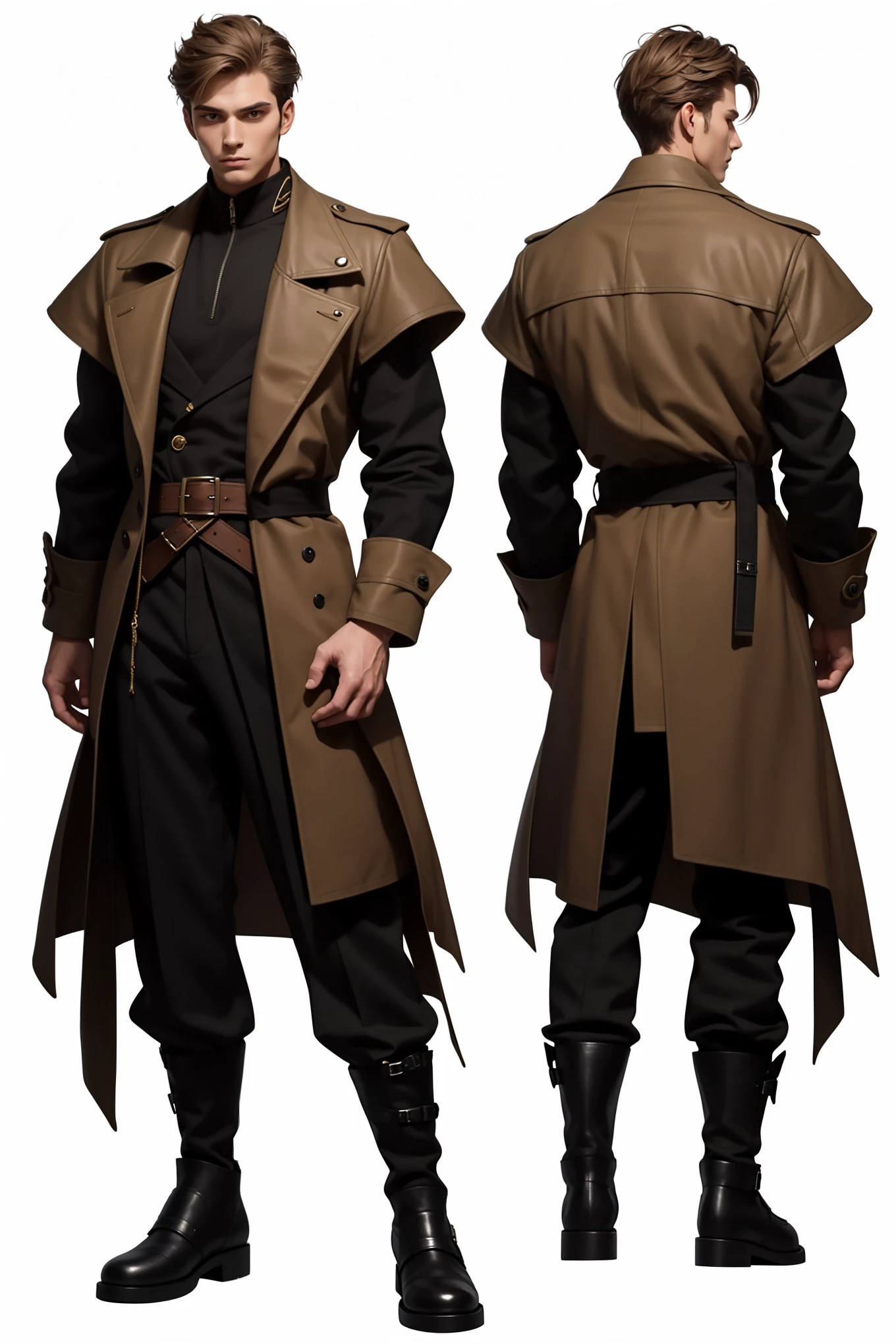 reference sheet:1.8,great details,high quality,masterpiece,Tall Boy,Beautiful face,coat,long trouser boots