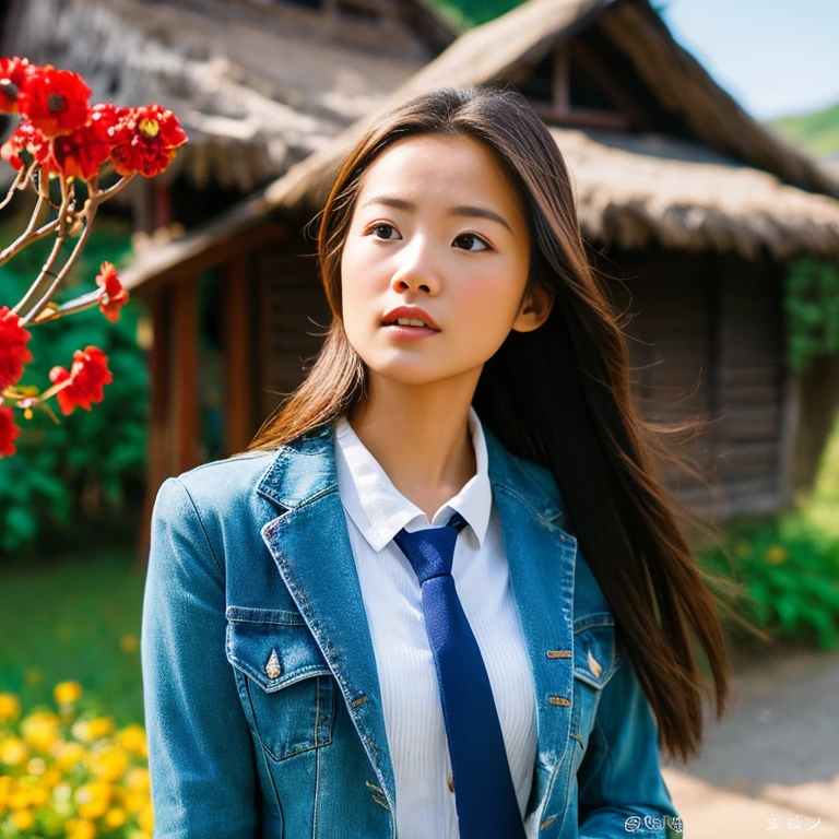 Young Asian woman with long flowing hair blowing up,) Look straight at the camera intently,) Focus on the face clearly,) The countryside outdoors has bright red flowers all around and an old thatched hut., He wore a leather jacket and a red tie.,Blue,black,) Exaggerated colors cool action poses,) 8K images, Shot with a high quality camera with 45000000000 pixels.