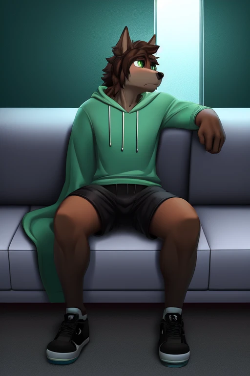 ((best quality)), ((masterpiece)), (detailed), perfect face, Furry, anthropomorphic wolf, Russet brown fur, dark brown hair, dark green eyes, 6'1 and 173 lbs, 41" Chest, 19" Shoulders, 13" Biceps, 32" waist, 23" Thighs, 15" Calves, 19" Back, wearing lime green hoody, gray-green T-shirt, gray-ish green sweat shorts, dark slate gray slip on shoes, sitting on sofa, turquoise sofa, black accent wall, black coffee table, living room, nightime scene, raining outside, looking down, concerned, remorseful, blanket wrapped around themself, dynamic lighting, perfect shading, soft shading, soft colors, vivid colors, pastel colors, Chicago, Illinois 