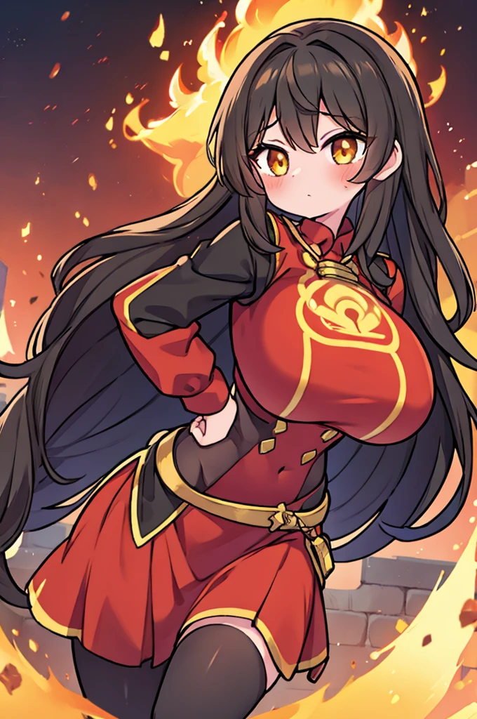 1girl, cute young girl, solo, blush, (Charcoal Brunette hair), ((slightly messy hair)), (very long hair), Beautiful Amber eyes, ((excessively Enormous Breasts)), wide hips, a (Red shirt with a flame pattern at the edges), Black hood, Black Skirt, Putting one hand on her hip, and has her other hand open with a little flame on it, with a focused facial expression. ((detail face)), 8k, super detail, masterpiece, high quality, high resolution, high detail, high face detail, HD quality, very cute, bright, very wide hips, she is learning to be a “Pyromancer” or “Fire Mage”,