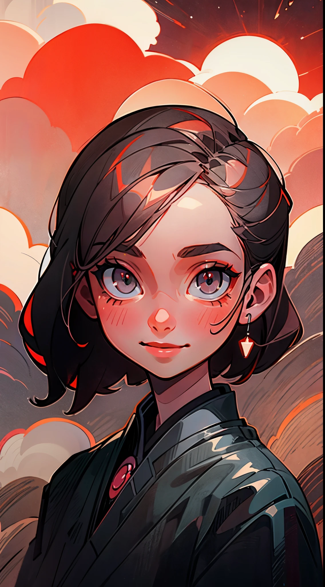 Masterpiece, Best Quality, Illustration, close up, Facial Focus, gentle Smile, dark colors, eyes background, red sky, cloud sky, Girl with beautiful grey eyes,