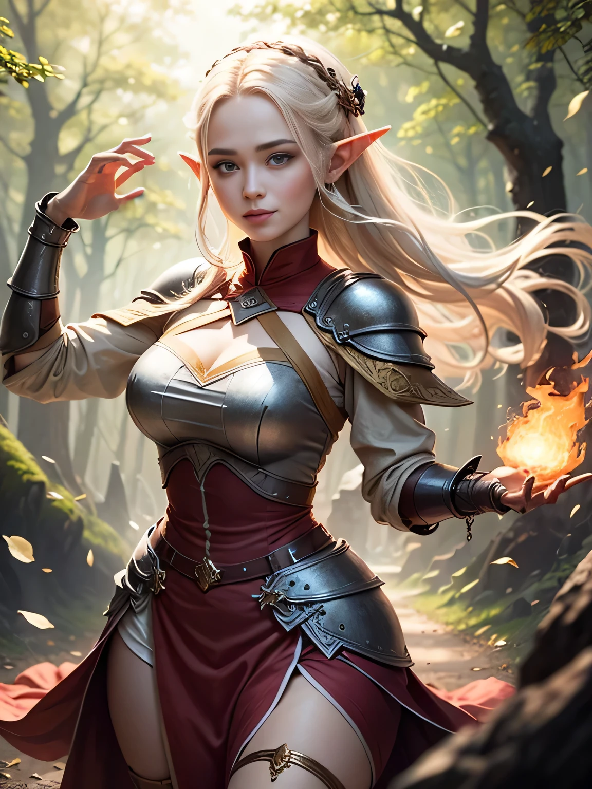 photorealistic, a high resolution, 2 beautiful female elf warriors, ((twins)), long braided golden hair, (wear elven baroque armor), battle-worn, magic, short elf skirt, short top, smiling, fantasy, dynamic pose, background of castle ruins in the forest, ((firebender, Wind magic)), Same height, dramatic, Chromatic aberration.