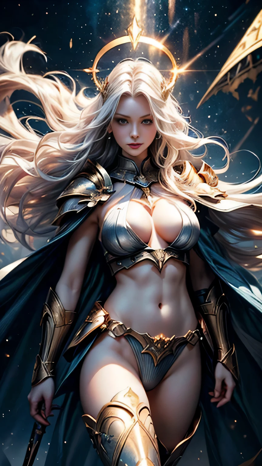 (()) ((magnificent, majestic, beautiful celestial goddess of light)) ((floating above ground)) ((pale skin)) ((Big blue eyes)), ((dark eyeshadows make up)) ((bright red lips)), (()) ((long wavy platinum blonde hair, hair floating around)) ((big breast,1.5)) ((slender body)) ((wear armor chestplate, loincloth)) ((white cape)) ((armor shoulder pads, gauntlets long boots)) ((halo of gold and light above head)) ((hold a sword on her hand)) ((glowing magic sparks particles floating around)) ((battlefield background)), ((high definition:1.5), ((amazing lights and shadows)) ((masterpiece:1.5))((8k:1.5)) ((Best quality:1.4)), more_details:-1, more_details:0, more_details:0.5, more_details:1, more_details:1.5, more prism, vibrant color,