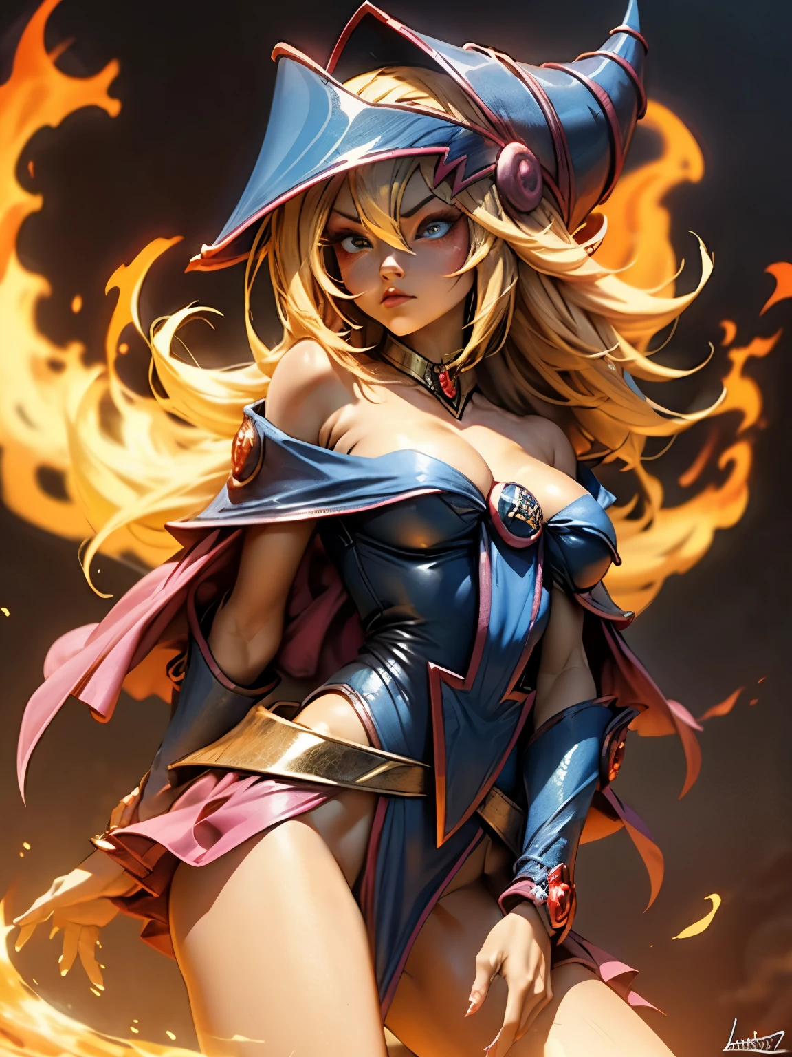 Dark magician gils como ave feniz. Cabello de llamas. Ojos azules. Labios rojos. Pose sensual. Fondo de infierno. She&#39;s on fire and she&#39;s coming for you. Pose sensual. Desnuda 