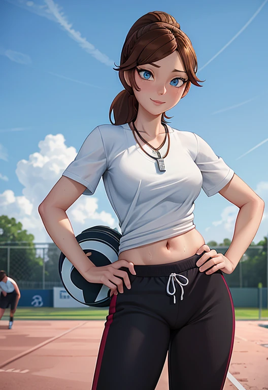 masterpiece, best quality, 1girl, portrait, 37 year old woman, short brown hair, ponytail styled hair, blue eyes, medium breasts, perfect model body, ((Wearing: White Gym T-shirt, Black Gym sweat pants, whistle necklace and black tennis shoes)), smile, standing, hands on hips, looking at viewer, (Background: outdoors, middle school track field, blue sky, clouds in the sky),
