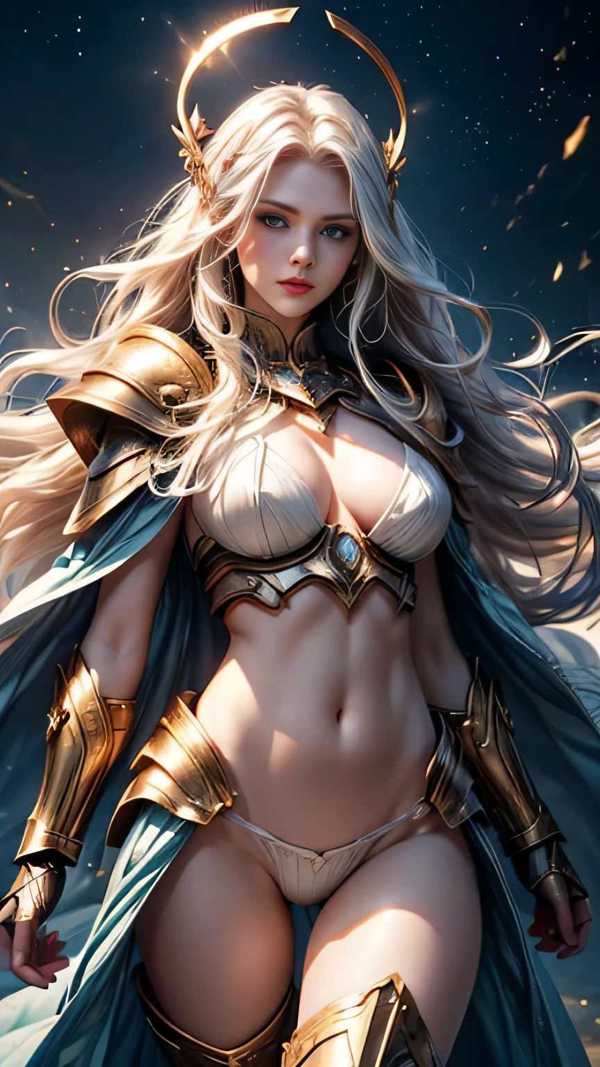 (()) ((magnificent, majestic, beautiful celestial goddess of light)) ((floating above ground)) ((pale skin)) ((Big blue eyes)), ((dark eyeshadows make up)) ((bright red lips)), (()) ((long wavy platinum blonde hair, hair floating around)) ((big breast,1.7)) ((slender body)) ((wear armor chestplate:1.5, tiny thong bottom)) ((white cape)) ((armor shoulder pads, gauntlets long boots)) ((halo of gold and light above head)) ((hold a sword on her hand)) ((glowing magic sparks particles floating around)) ((battlefield background)), ((high definition:1.5), ((amazing lights and shadows)) ((masterpiece:1.5))((8k:1.5)) ((Best quality:1.4)), more_details:-1, more_details:0, more_details:0.5, more_details:1, more_details:1.5, more prism, vibrant color,
