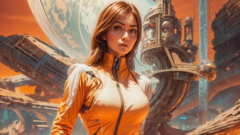 arafed image of a white woman in a futuristic suit with a spaceship in the background, movie art, in front of an orange background, inspired by Robert McGinnis, female protagonist, megastructure in the background, portrait of an ai astronaut, astronauts, an astronaut, portrait of a astronaut skeletor, perfect android girl, detailed eyes, perfectly detailed teeth, frank franzzeta and sakimichan