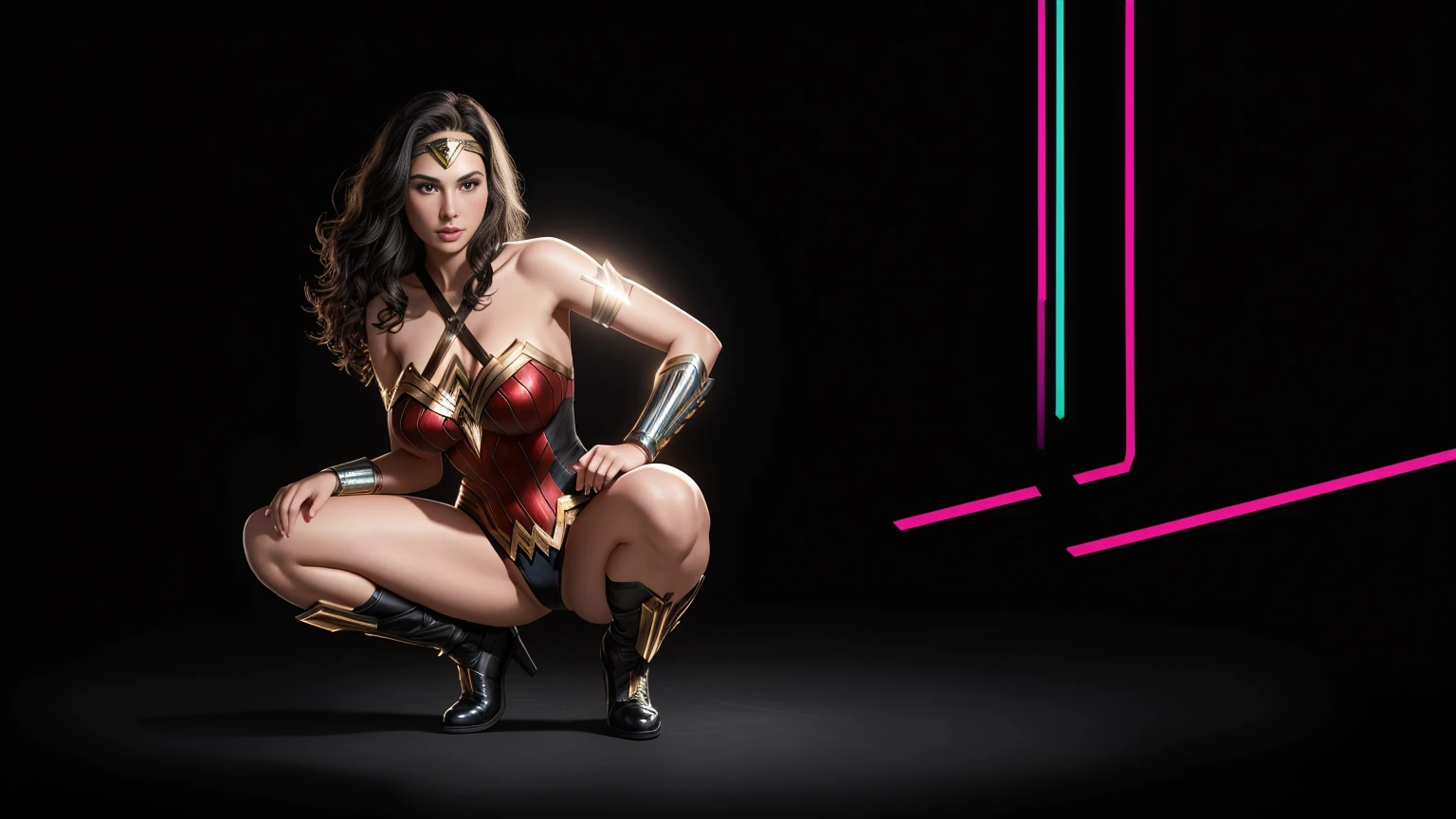 there  IS GAL GADOT AS WONDER WOMAN squatting, long hair, 3 d neon art of a womans body, neon-noir background, cyberpunk femme fatale, seductive cyberpunk dark fantasy, cyberpunk strip clubs, cyberpunk 20 y. o model girl, oppai cyberpunk, banner, high definition cgsociety, cgsociety masterpiece, trending on cgstation, kda, random hair, looking at camera, gigantic breasts, cleavage, (high detailed skin:1.2), 8k uhd, dslr, super lighting, high quality, film grain, high res, highly detailed, hyper realistic, beautiful face, beautiful body, beautiful eyes nose lips, alluring expression, very bold, upper  visible, full body photo, standing legs apart, pale translucent glowing skin, most beautiful face, cute, (well defined pubic hair:1.2)), (dark plain black background:1.4))