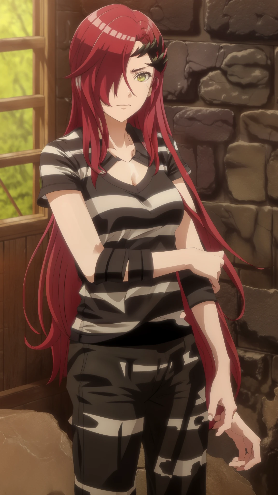 sisro, anime, a woman, long red hair which covering her right eye, green eye, black hair ornament,  priclothes, striped clothes, shirt, indoors, dungeon, prison, prison cell, brick wall, cracked wall, bars, dark, short sleeves, pants, barefoot, ,  8k, 16k,trending on pixiv, fanbox, skeb, masterpiece, detailed face, smooth soft skin, beautiful intricate colored hair, digital painting, (hand in front), upset, (upper body)