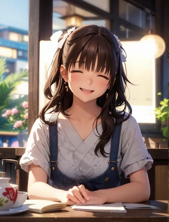 High resolution,In 8K,highest quality,detailed,Semi-realistic anime,Anime 3D Style,Smooth anime CG,One Girl,19-year-old woman in Japan,slim,Modeled,Shiny brown hair,Medium Hair,detailedな顔,Beautiful and detailed,Glowing Skin,Earrings Beautiful,straggling hair,Angelic hairstyle,Small breasts,((Mouth closed)),((Laughter)),((Closed eyes))