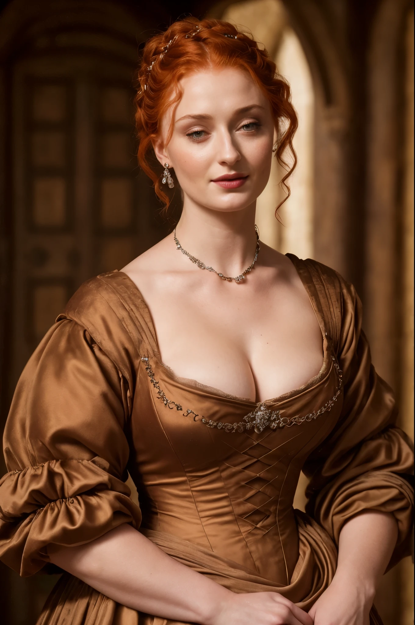 Face of Sophie Turner, Sansa Stark played by Sophie Turner, the de facto Lady of the Eyrie, is a 40-year-old mature queen with a stunning, alluring appearance. Full Face, pierced eyes, reddish lips, upper body shot, erotic Mediaeval costumes, game of thrones costumes, She wears a Game of Thrones-inspired costume and has a deep cleavage, a perfect thick body, and a perfect thick figure. The photograph captures her in a close-up, with her skin texture and facial features being ultra-realistic and realistic. Juicy thick figure, high quality skin, Skin pores, amazing details, 