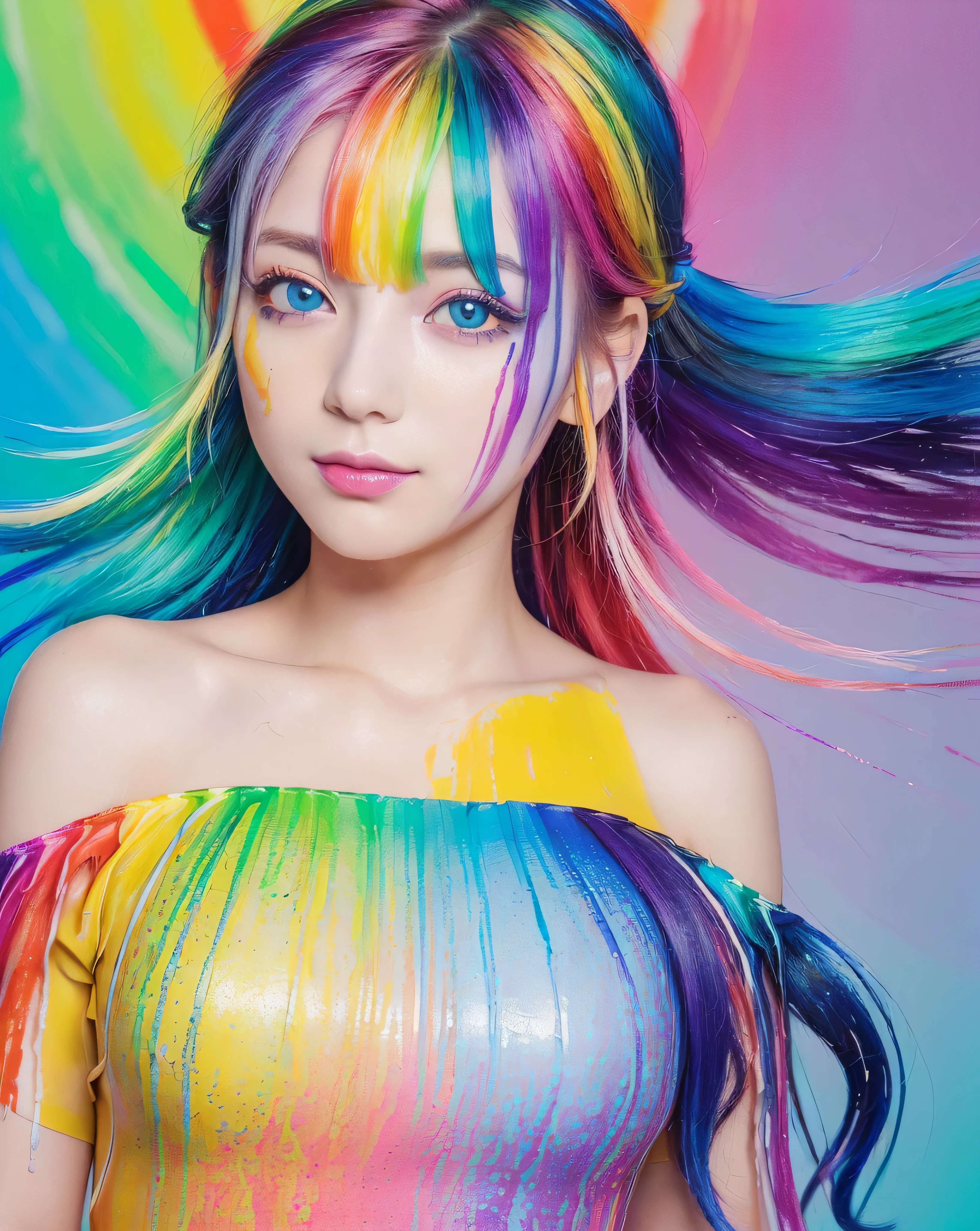 (highest quality, 32k, High resolution, Masterpiece:1.5), (Pink Fashion T-Shirt:1.9),(Colorful hair: 1.8), (All the colors of the rainbow: 1.8),(((((vertical painting:1.6))), (painting:1.6),front, paintings, Beautiful Japanese Girls, An exceptionally beautiful face, Magical big eyes, Clear eyes,( Rainbow gradient high ponytail:1.7), Bright natural makeup, A gentle smile,(Small Fresh: 1.5),(Wipe the chest: 1.6) ,Long eyelashes, White off-the-shoulder T-shirt, White shoulder shirt, (Rainbow Hair:1.6), color splash, An explosion of colors, thick paint style, Messy Lines, ((The Shining)),(colorful), (colorful), (colorful), colorful, Thick paint Style, (splash) (Color splash), Vertical painting, Upper Body, paint splash, Acrylic Pigments, Slope, paint, Face paint, colorful clothes, (elegant: 1.2), nice,Long Hair, ((floating)),(paint),((Disheveled Hair)),(alone),(One girl) , (((Detailed anima face))),((Beautifully detailed face)),collar,Exposing shoulders,Gray Hair, ((colorful hair)),((Striped Hair)),Beautiful fine details,(Slope color eyes),(((colorful eyes))),(((colorful background))),(((High saturation))),(((surrounded by colorful splashes))), information