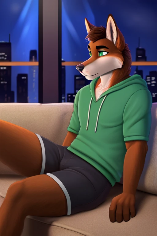 ((best quality)), ((masterpiece)), (detailed), perfect face, Furry, anthropomorphic wolfdog, 70% Wolf, 25% Tamaskan wolfdog, 5% Dingo, Russet brown fur, dark brown hair, dark green eyes, 6'1 and 173 lbs, 41" Chest, 19" Shoulders, 13" Biceps, 32" waist, 23" Thighs, 15" Calves, 19" Back, wearing lime green hoody, gray-green T-shirt, gray-ish green sweat shorts, dark slate gray slip on shoes, sitting on sofa, turquoise sofa, black accent wall, black coffee table, living room, nightime scene, raining outside, looking down, concerned, remorseful, blanket wrapped around themself, dynamic lighting, perfect shading, soft shading, soft colors, vivid colors, pastel colors, Chicago, Illinois
