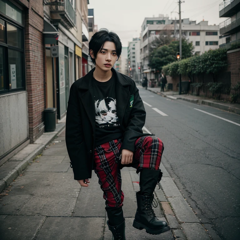 Taekyung is a boy with black hair with green streaks of hair and wears a black coat with a t-shirt with a black and red checkered design and black pants and black boots. 