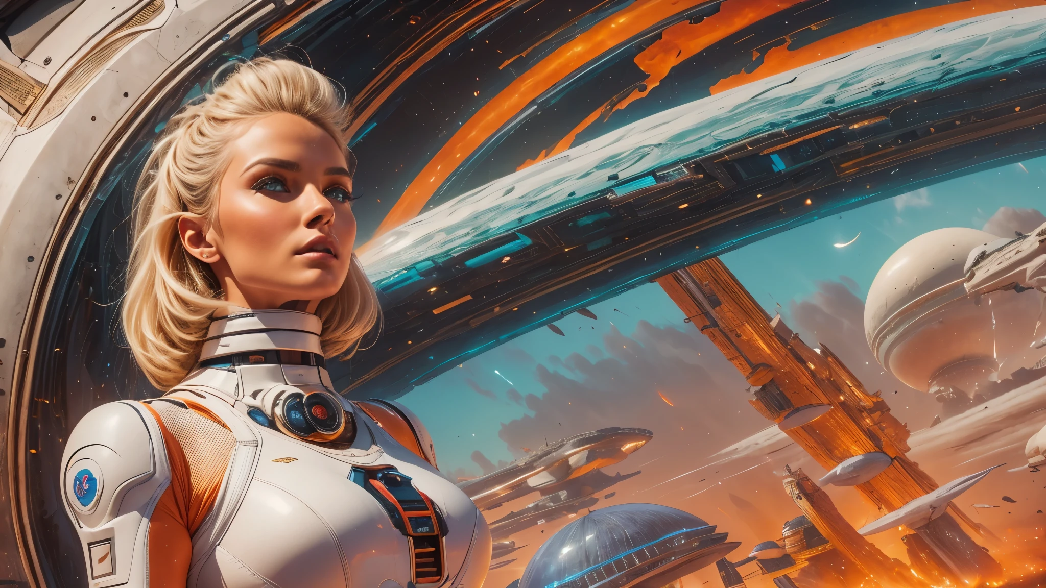 arafed image of a white woman in a futuristic suit with a spaceship in the background, movie art, in front of an orange background, inspired by Robert McGinnis, female protagonist, megastructure in the background, portrait of an ai astronaut, astronauts, an astronaut, portrait of a astronaut skeletor, perfect android girl, detailed eyes, perfectly detailed teeth, frank franzzeta and sakimichan