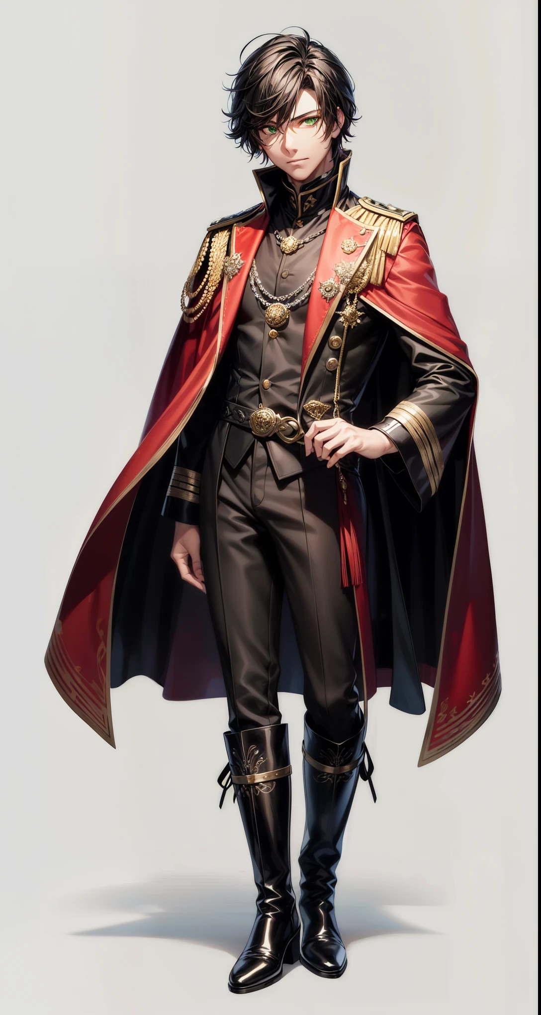 ((Man in a black suit))、 full body illustration、character design 、official character art、Whole body、Best Character Design、black hair、Esbian full body、character design и костюмы、standing picture、((fantasy))、((White background))、((Simple background))、Facing forward、Otome strategy game character、prince、одежда princeа、let's talk about style、(((Earth boy in long boots)))、red and black clothes,,mantle,The bangs are combed to the side,Beautiful face, Emerald green eyes