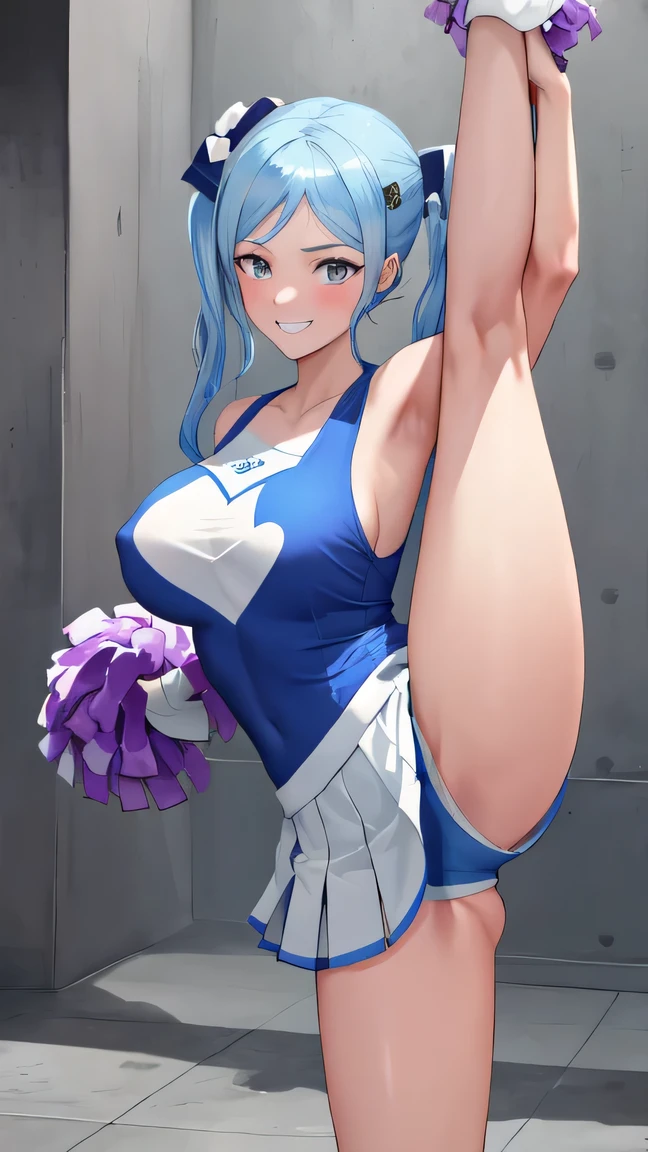 masterpiece, best quality, 1girl, solo, {grin}, flora, cheerleader, big breast, standing on one leg, {leg_lift},1 girl, {{{standing_split}}}