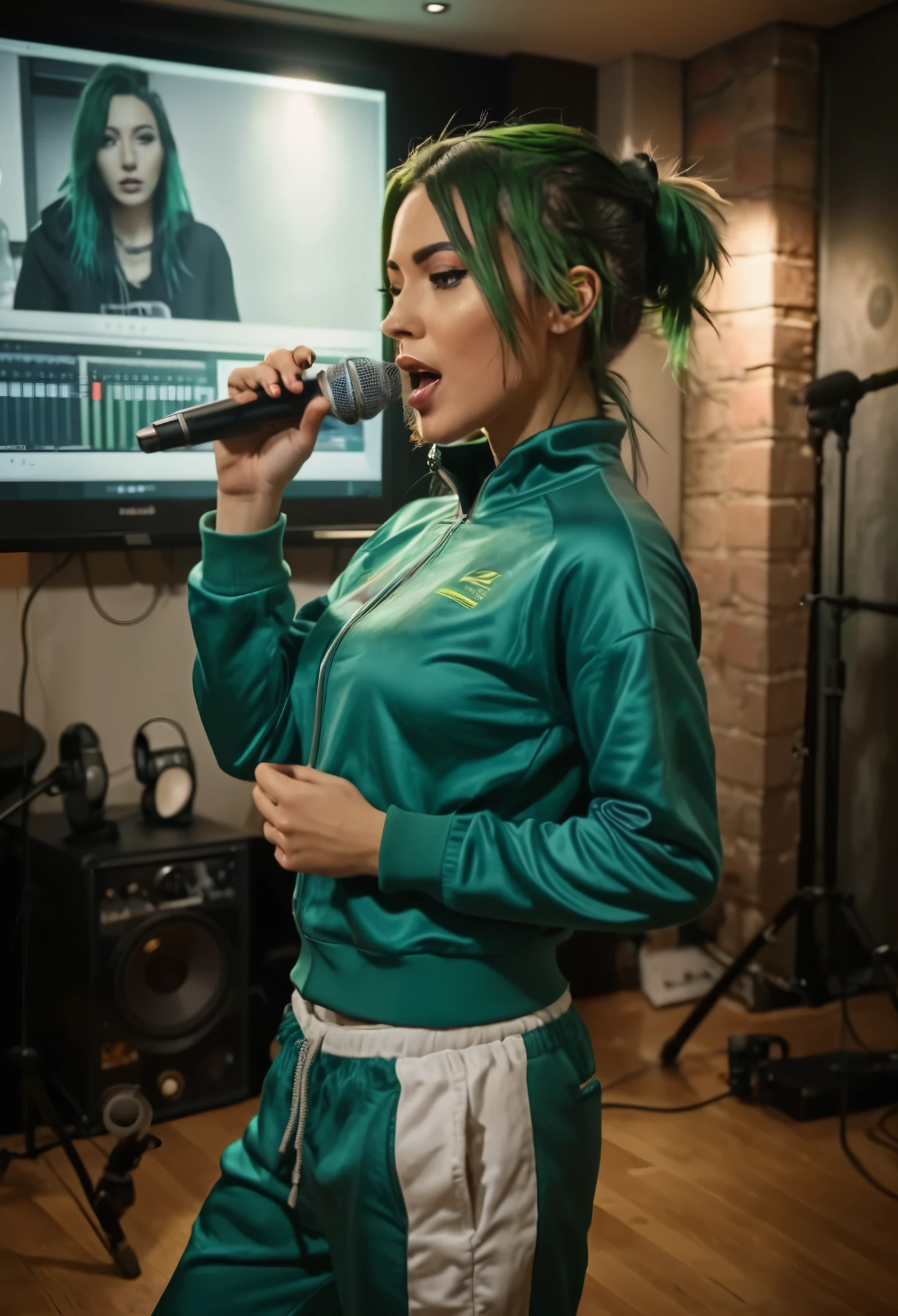 A cinematic-style, hyper-realistic full shot of a beautiful, edgy, green haired female artist in a tracksuit, passionately singing in a recording studio. Vibrant colours. Use a Nikon D850 camera with a 35mm lens to capture the scene. photorealistic detail and clarity. Incorporate elements of the recording studio environment, such as soundproof walls, microphones, and musical instruments, to enhance the authenticity of the setting. Convey the energy and creative spirit of the recording process.