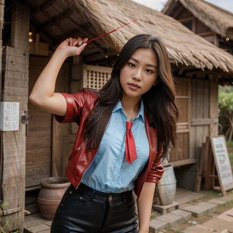 Young Asian woman with long flowing hair blowing up,) Looking intently at the camera,) Focus on the face clearly,) The countryside outdoors has bright red flowers all around and an old thatched hut., He wore a leather jacket and a red tie.,Blue,black,) Exaggerated colors cool action poses,) 8K images, Shot with a high quality camera with 45000000000 pixels.