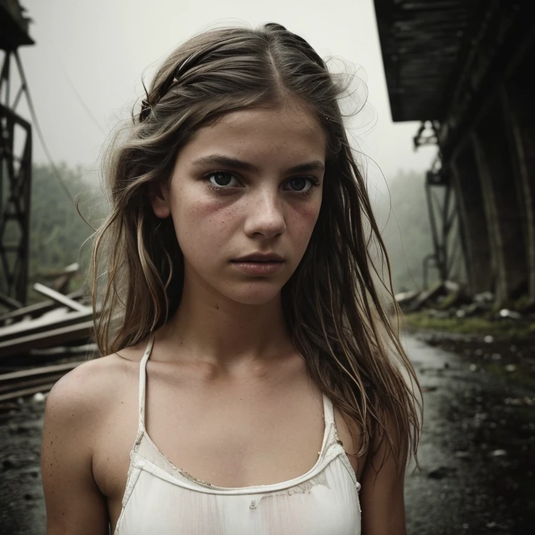 Extreme Close-Up, Fisheye Lens, (Sadie Wilkinson donning a white bodysuit, mascara-streaked cheeks, sorrowful gaze), Intense Lightning, (seeking refuge under a crumbling bridge in a desolate urban landscape, rain pouring), (8mm lens, Canon EOS R5, haunting ambiance, trending on Pinterest), by Sally Mann and Francesca Woodman and Joel-Peter Witkin