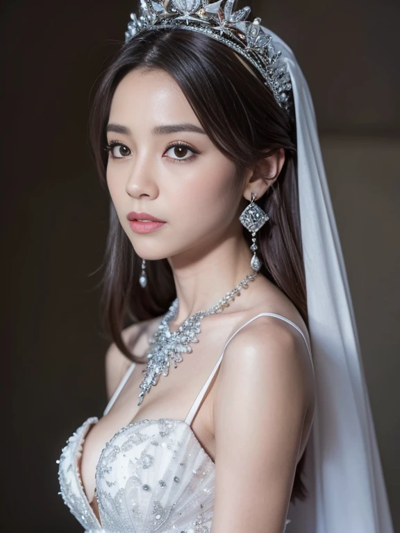(masterpiece, best quality: 1.4), Detailed background, White crystal, crystal cluster,long hair,jewelry, earrings, necklace, crown, bride, small breasts