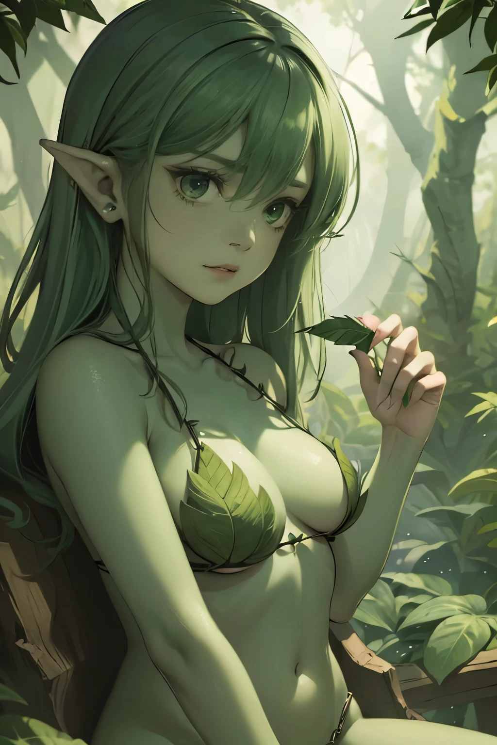 ((1girl)) (((solo))) ((best quality)), ((masterpiece)), (detailed), 4k, green skin, pointy ears, goblin girl with dark green hair and deep emerald eyes, sexy, absurdres, soft skin, small breasts, in ancient forest, wearing leaf bikini, looking closely at a butterfly perched on her finger, close up on face