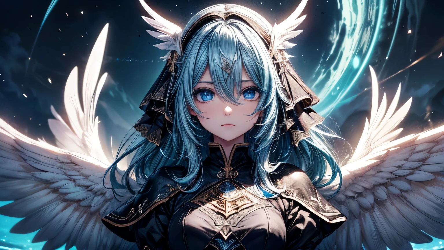 calidad 4K:1.2,super beautiful illustration:1.2,Seraph,((6 alas blancas en la espalda)),rubio,estilos de pelo largo,((hermosos ojos azul cobalto:1.2)),cielo