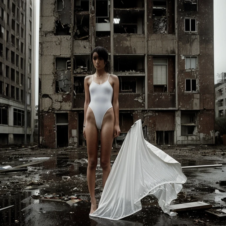 Medium Close-Up, Circular Fisheye, (Sadie Wilkinson clad in a white bodysuit, rain-soaked hair, melancholic expression), Dramatic Lightning, (standing amidst decaying ruins in an abandoned cityscape, rain cascading), (10mm lens, Sony A7R IV, haunting mood, trending on Instagram), by Daido Moriyama and Diane Arbus and Trent Parke